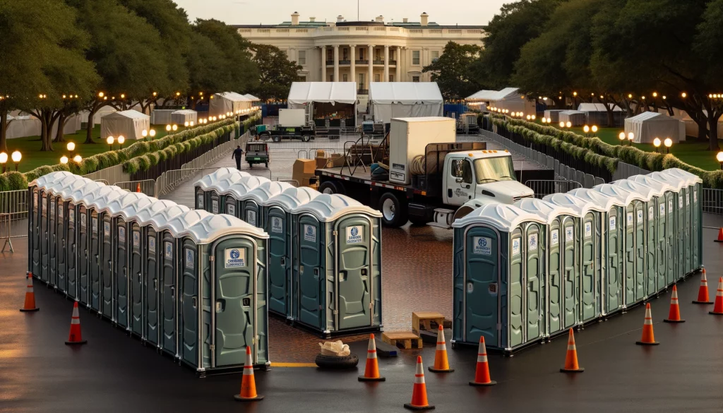 Festival porta potty bank with barricades in New Albany, Indiana